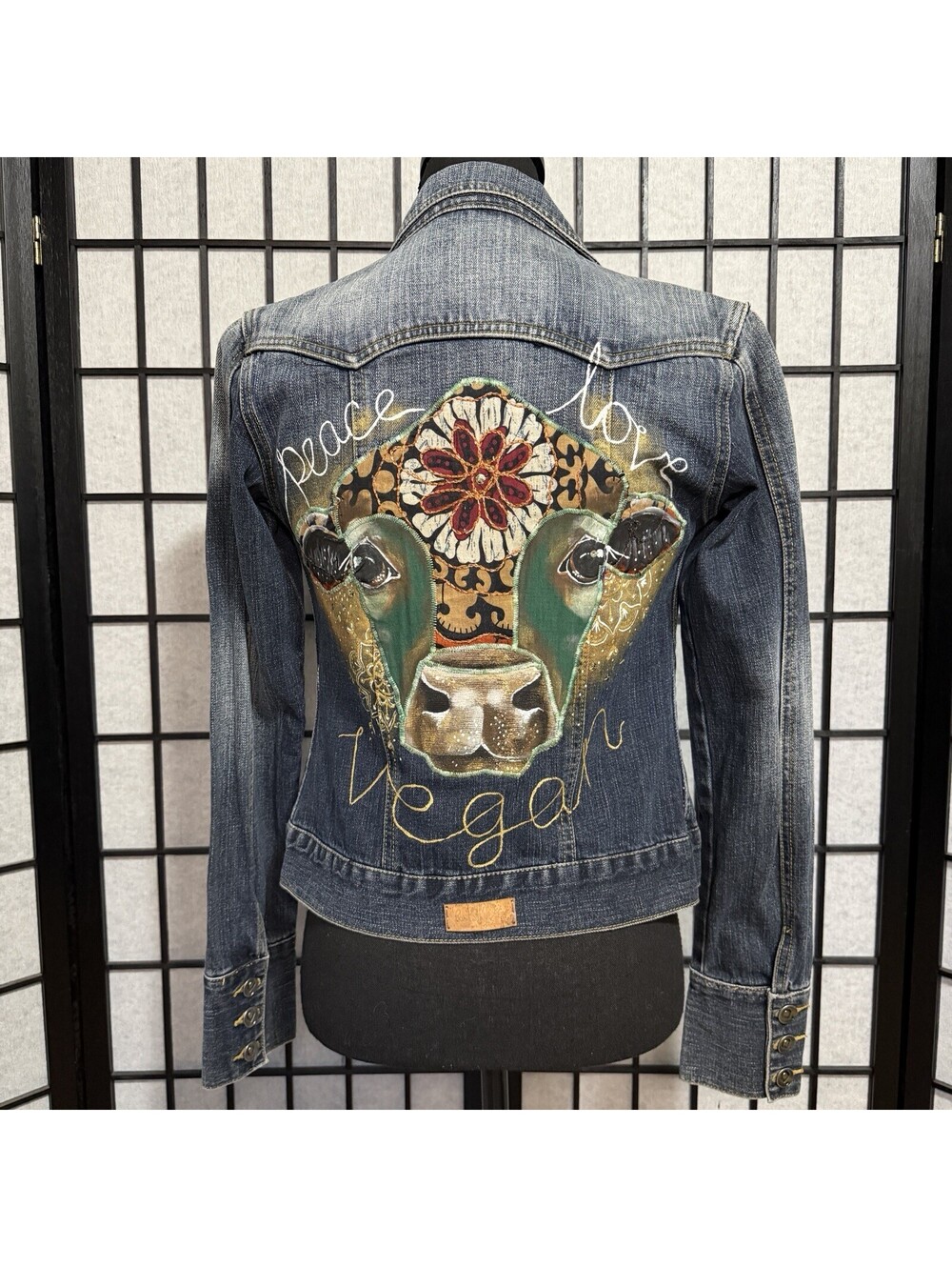 Hand Painted OOAK Denim Jacket Peace Love Vegan Cow Art Wearable